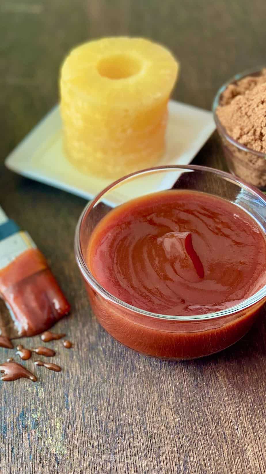 Sauce in glass bowl.