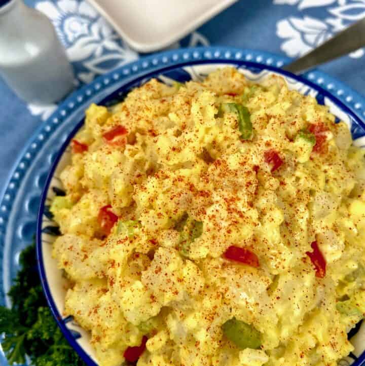 Southern potato salad in decorative blue bowl.