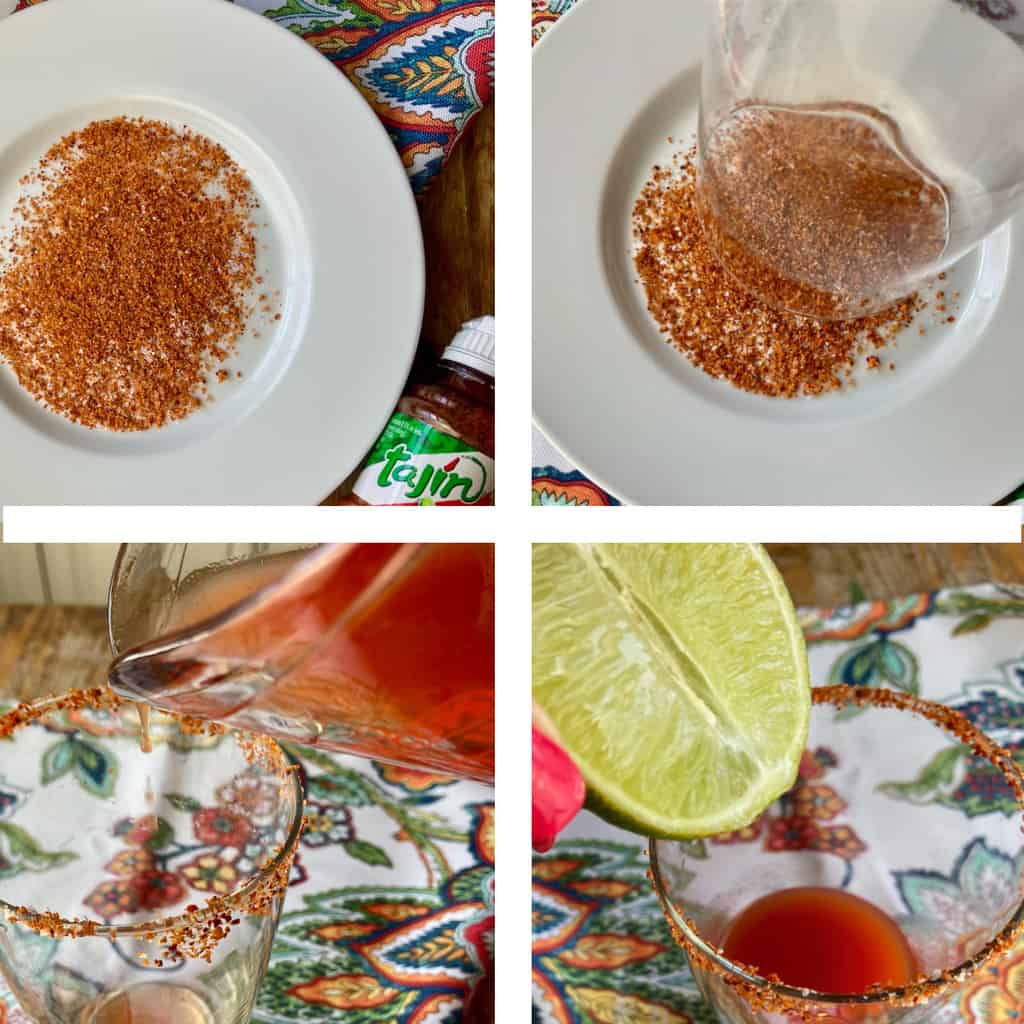 Four step process shots to make a Mexican Michelada cocktail.