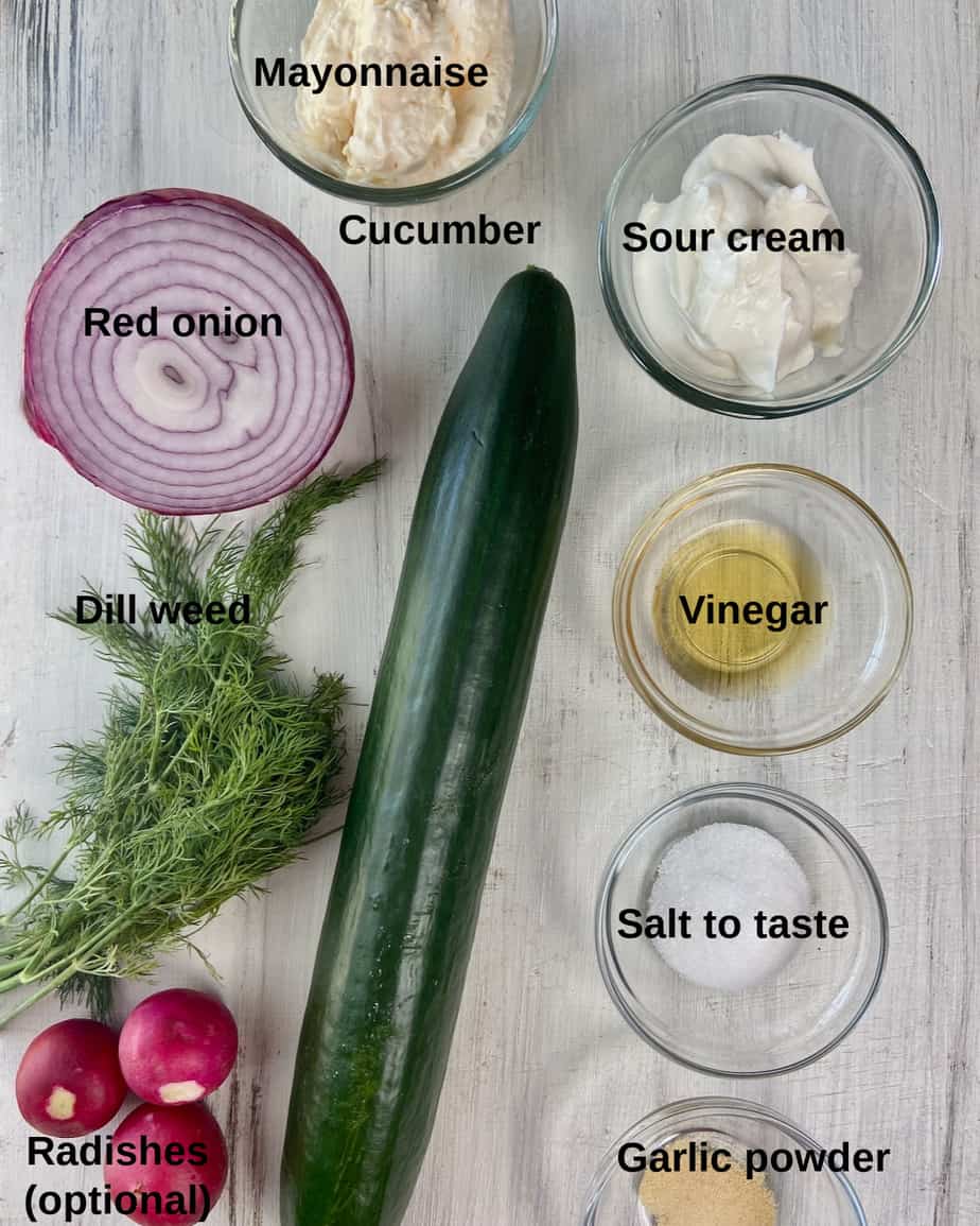 Ingredients labeled on a white table.