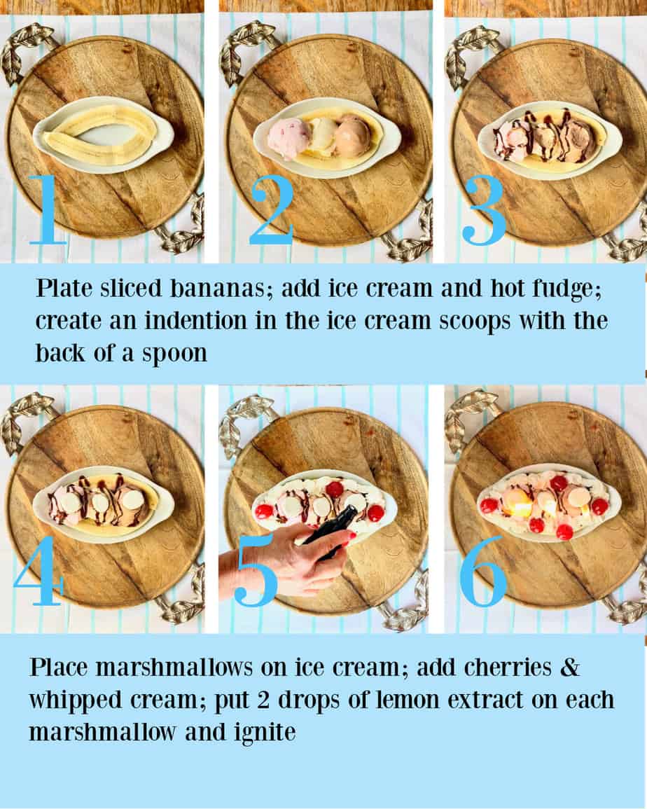 Six process shots showing how to make flaming banana split.