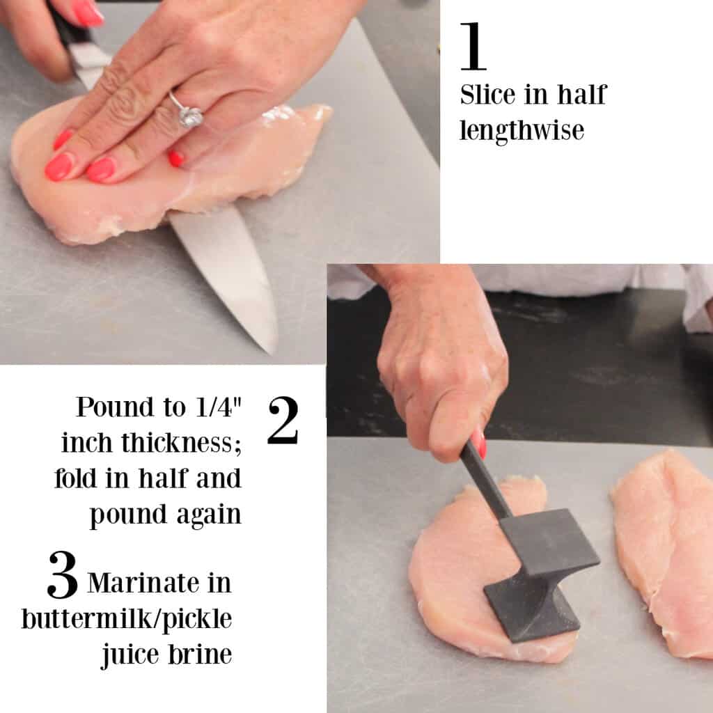 Image collage showing how to slice and pound chicken.