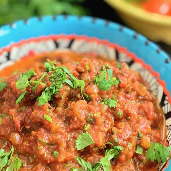 Ranchero sauce in decorative bowl.