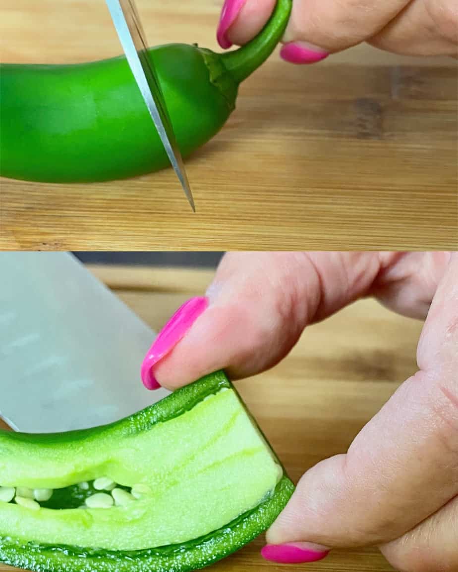 Jalapeno being cut in half and seeded.