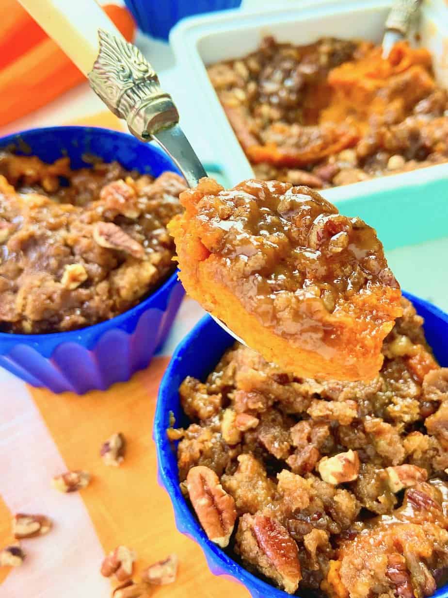 Maple pecan carrout souffle on spoon.