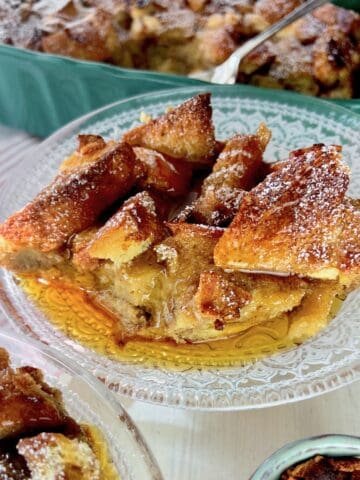 French toast on glass pedastal.