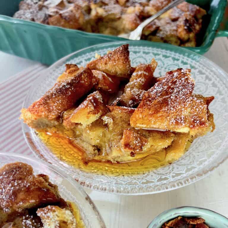 French toast on glass pedastal.