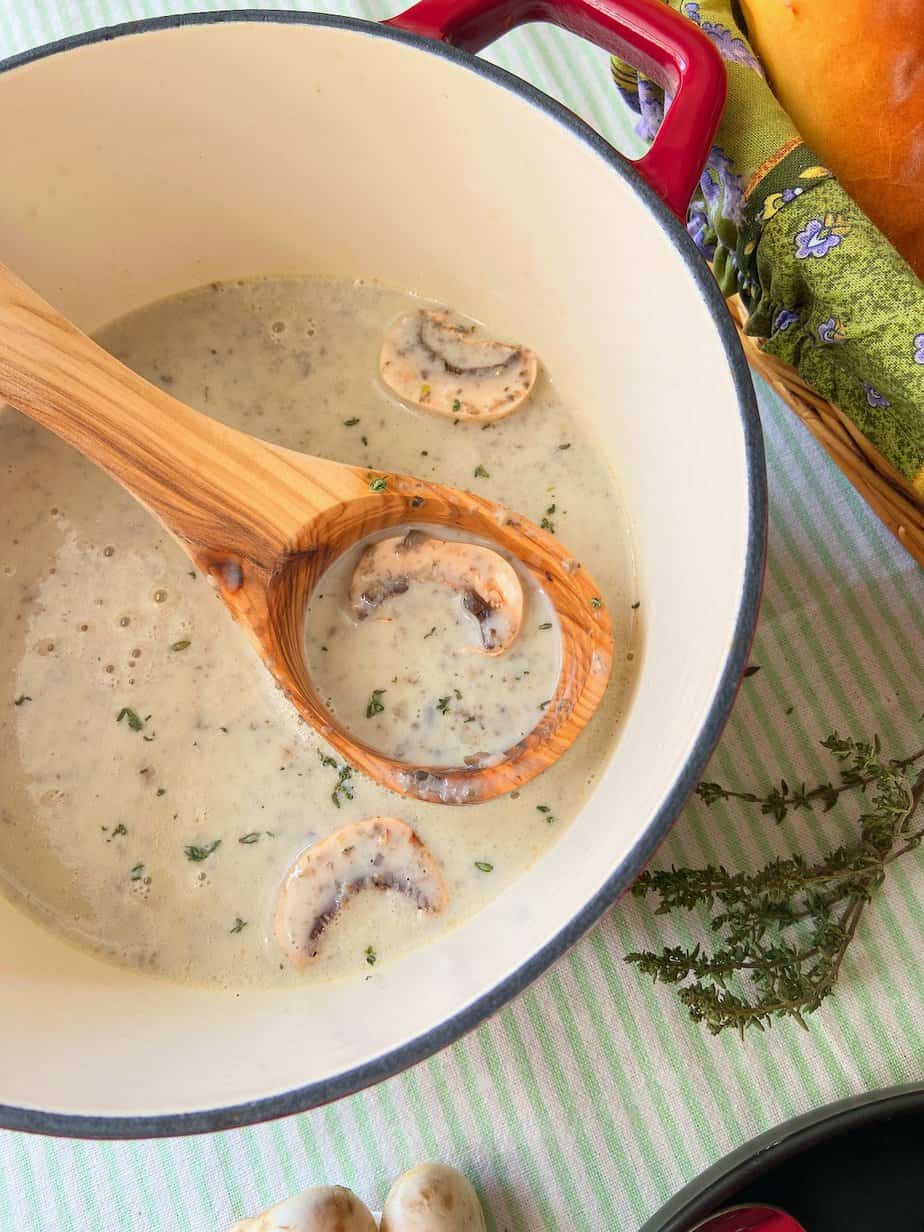 Stockpot of mushroom soup with wooden ladle.