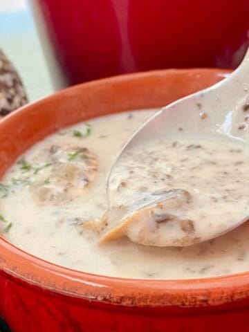 Cream of mushroom soup on a spoon coming out of a red ceramic bowl.