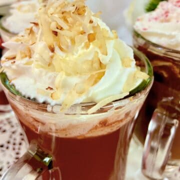 Hot chocolate with toasted coconut shavings on top of whipped cream