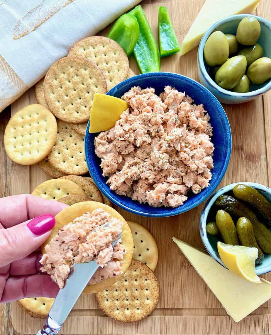 Salmon spread on charcuterie board.