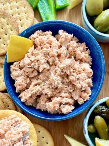 Salmon spread in blue bowl.