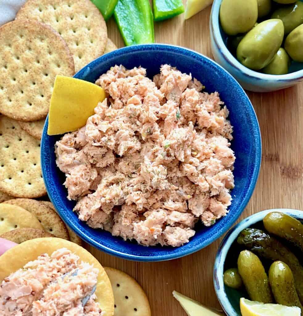 Salmon spread in blue bowl.