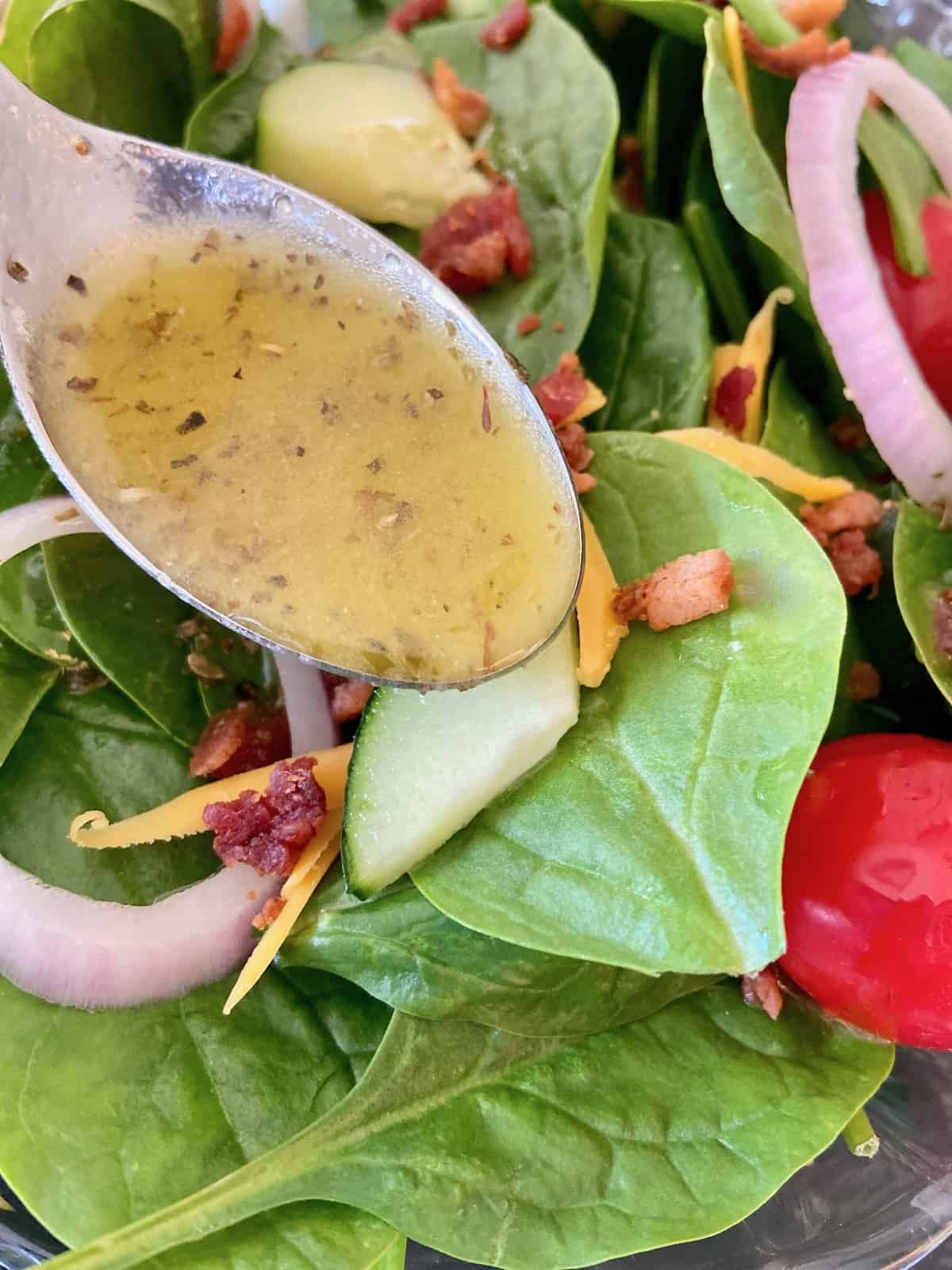 Low sodium dressing in spoon.