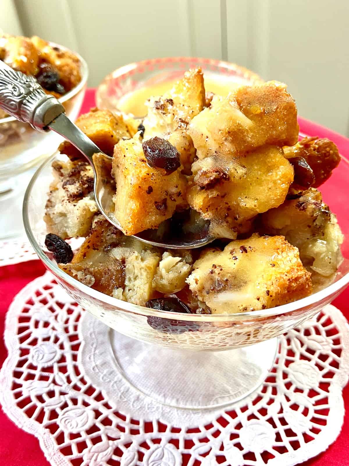 Bread pudding in crystal bowl.