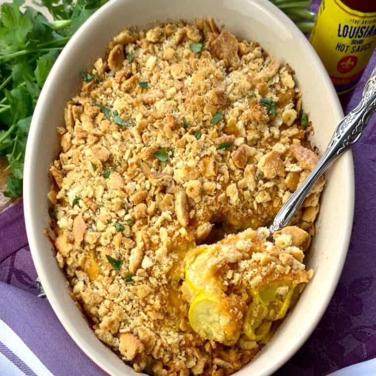 Squash casserole in baking dish.