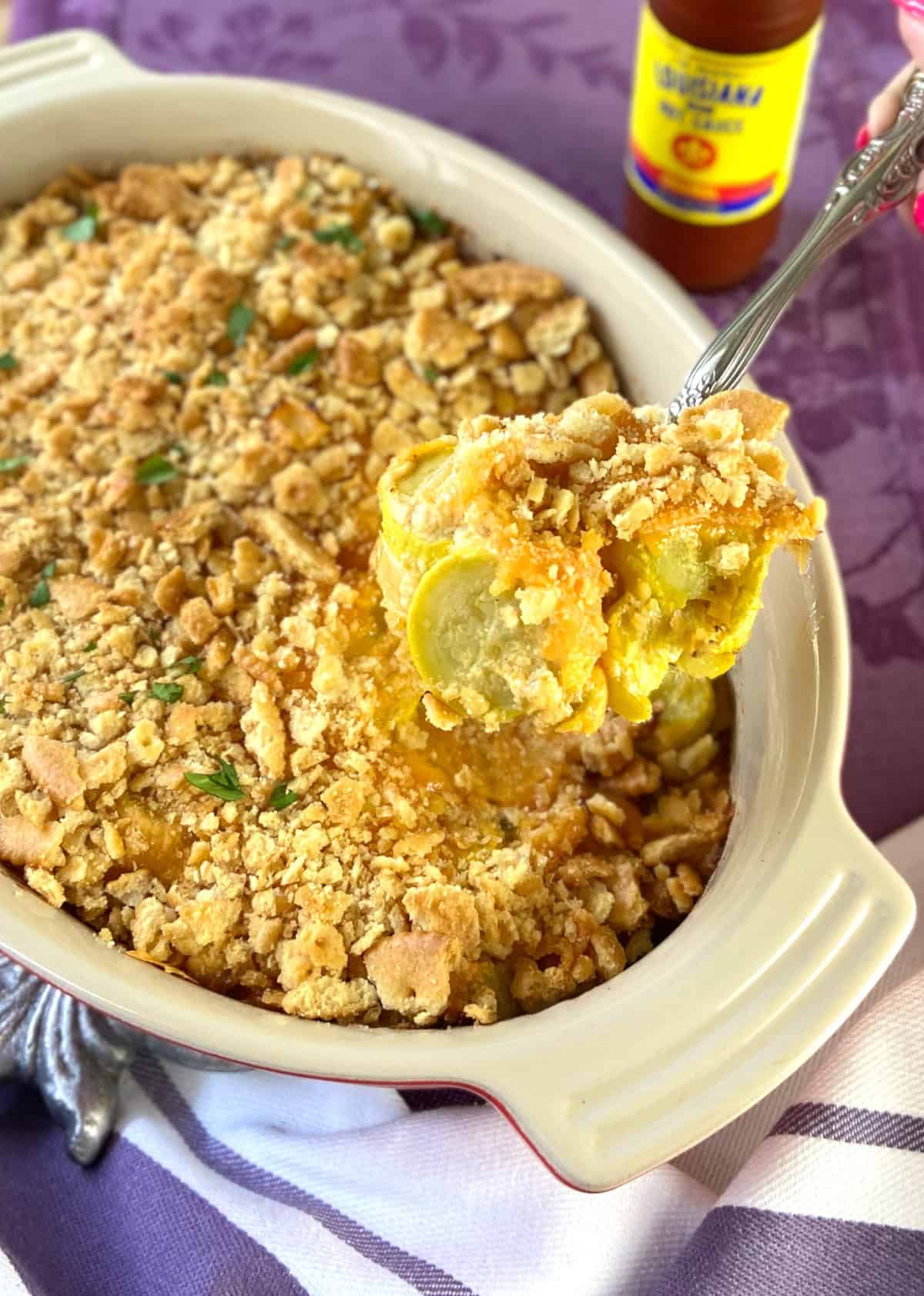 Squash casserole in baking dish.