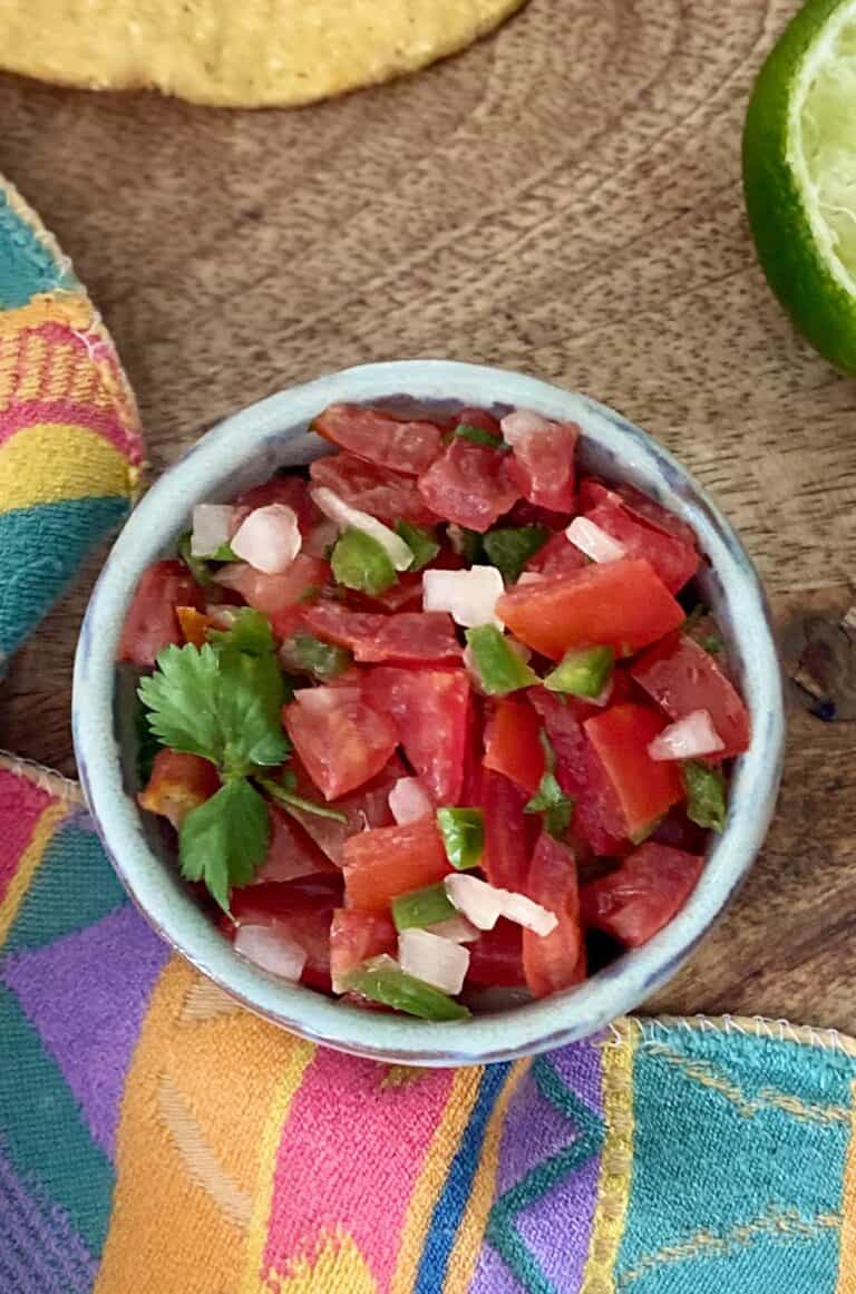 Pico de gallo in serving bowl.