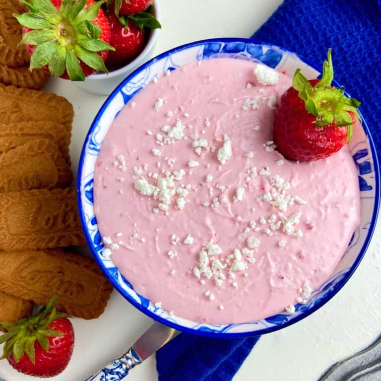 Strawberry Goat Cheese dip in decorative blue and white bowl.