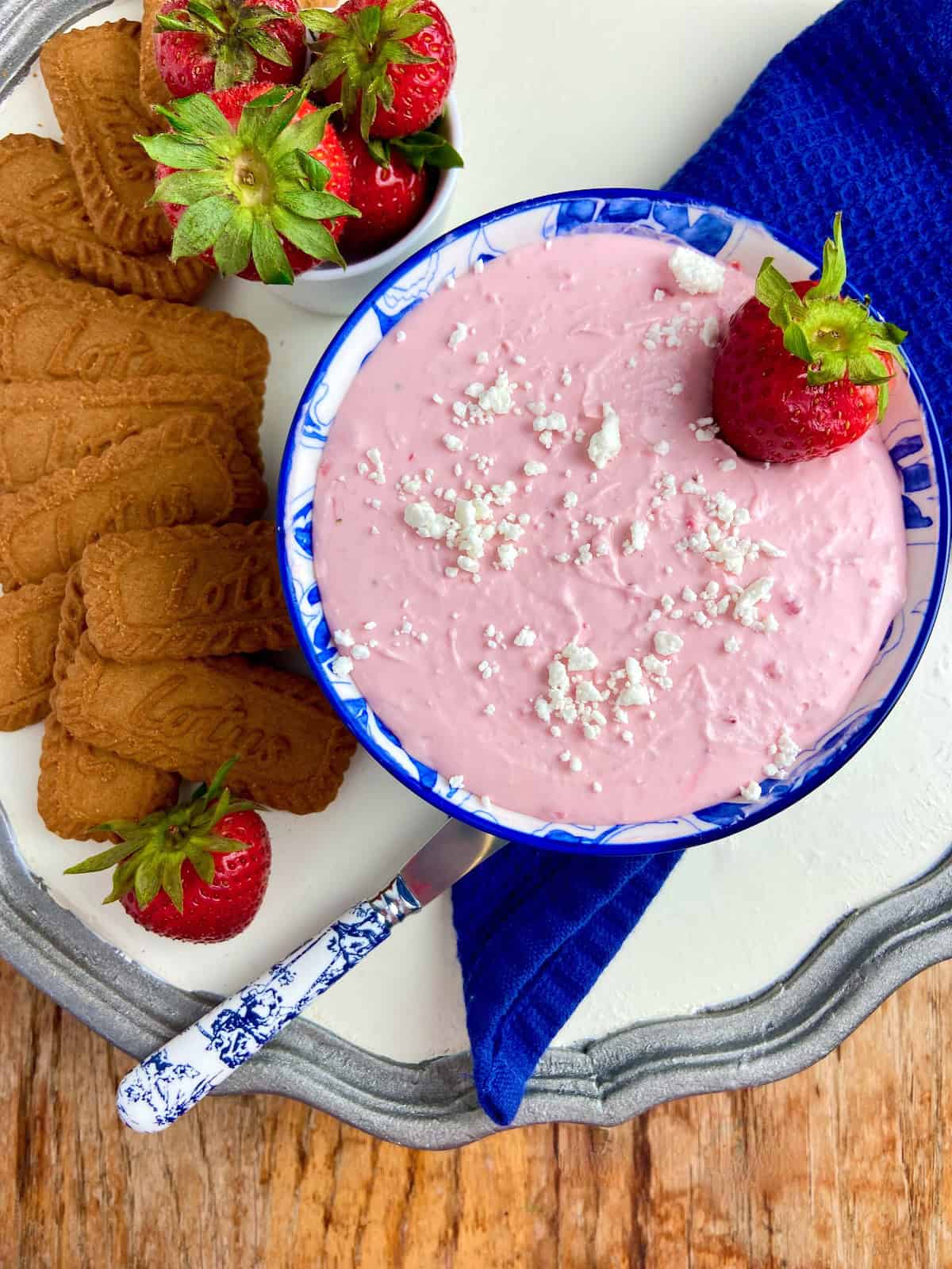 Strawberry Goat Cheese in decorative blue and white bowl.