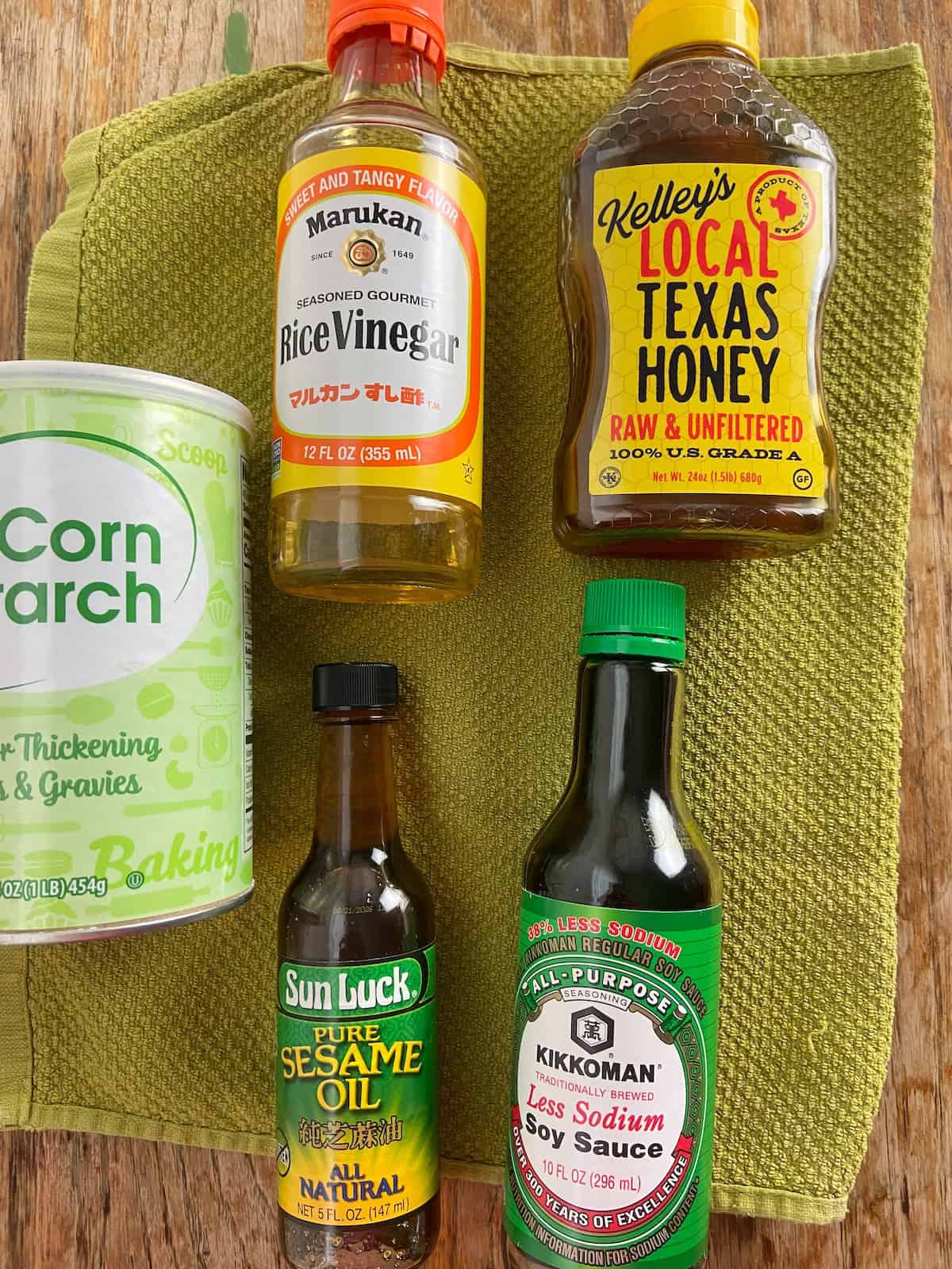 Ingredients for sesame sauce on wooden table.