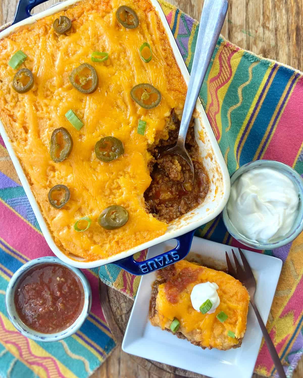 Tamale pie cassserole in blue baking dish.