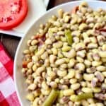 Purple Hull Peas in white serving bowl.