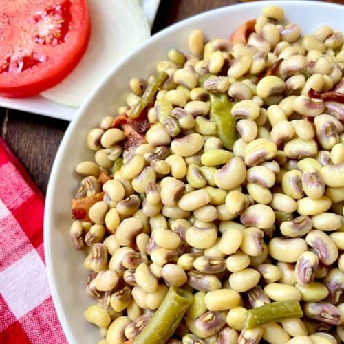 Purple Hull Peas in white serving bowl.