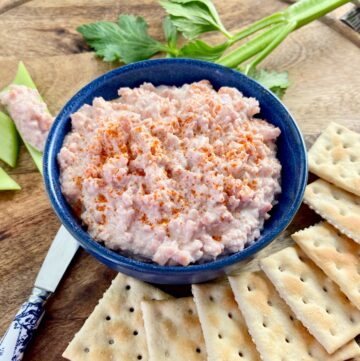 Deviled ham in blue bowl.