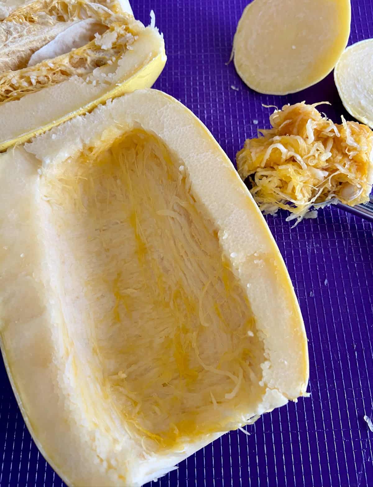 Hollow spaghetti squash half.
