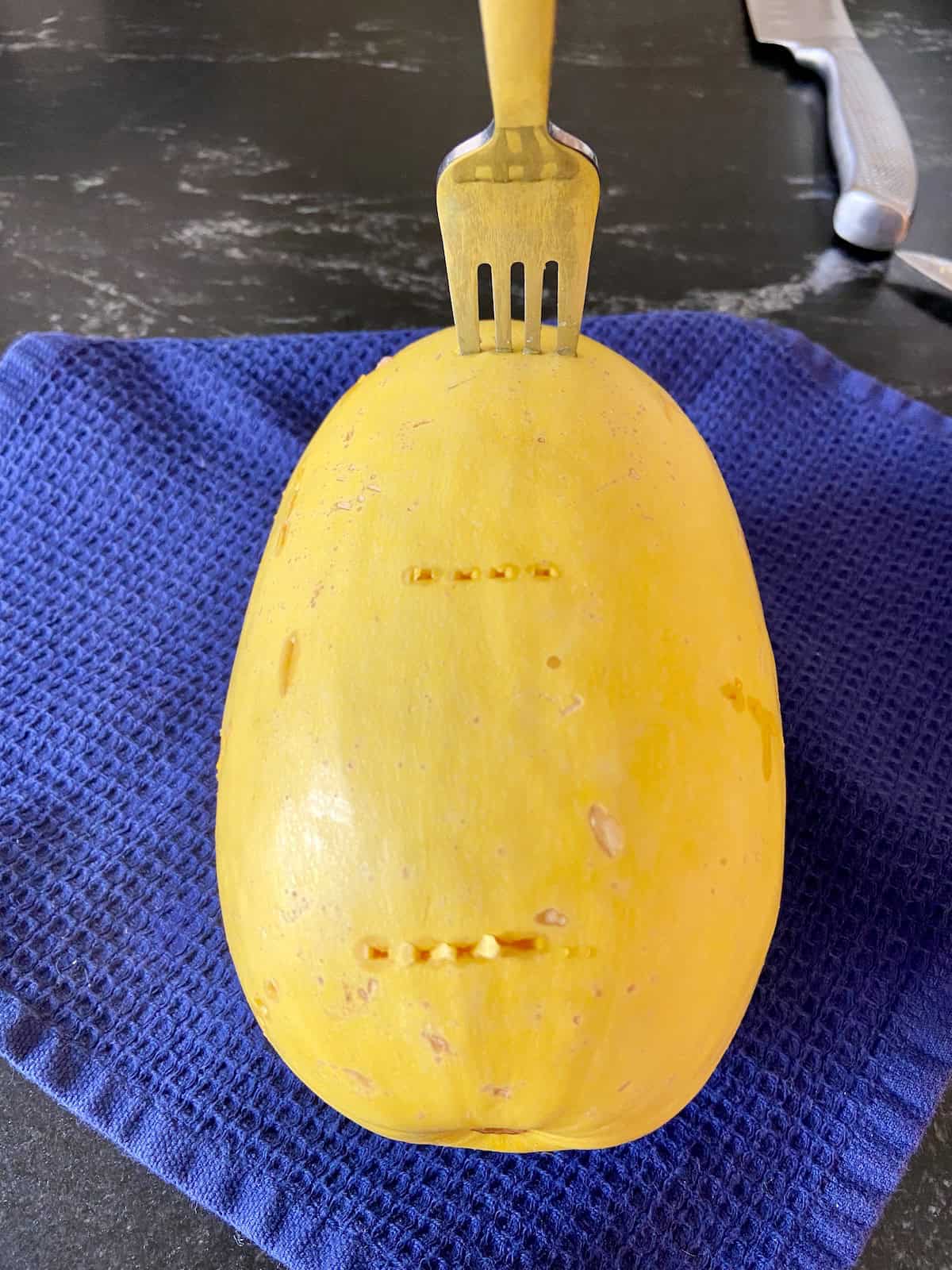 Whole spaghetti squash with fork piercings on the outer skin.