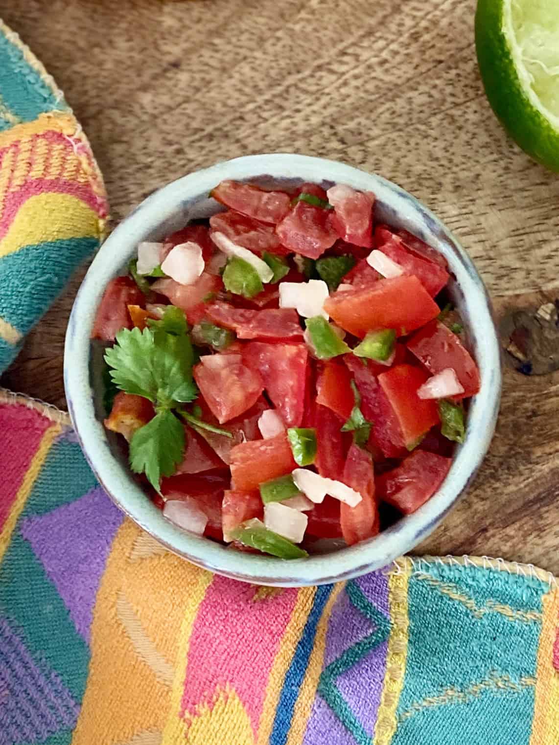 Pico de gallo in turquoise bowl.