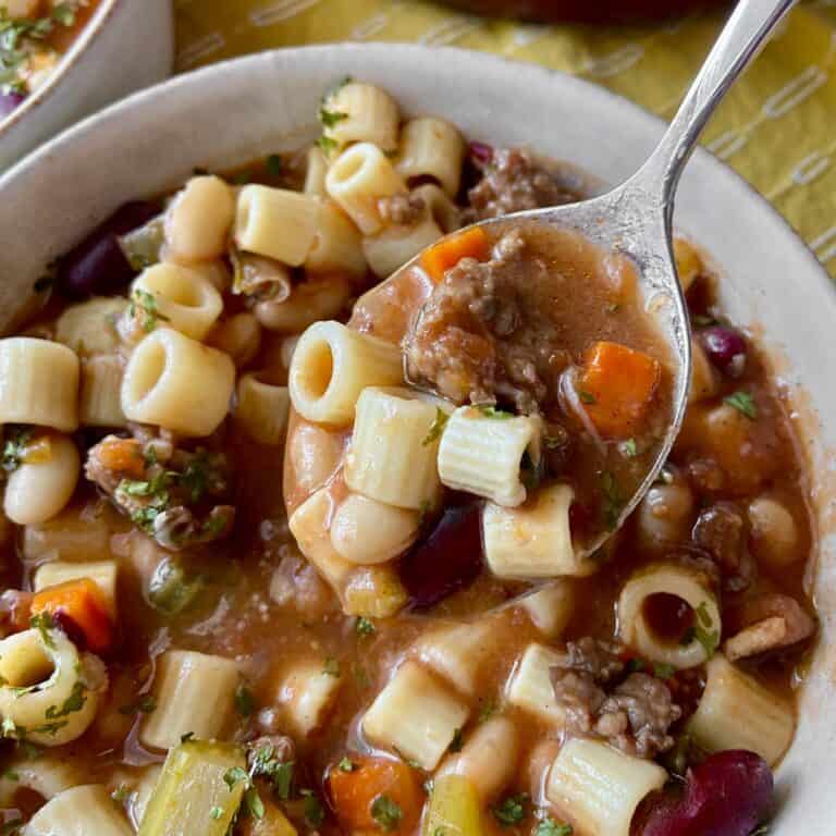Pasta Fagioli on spoon.