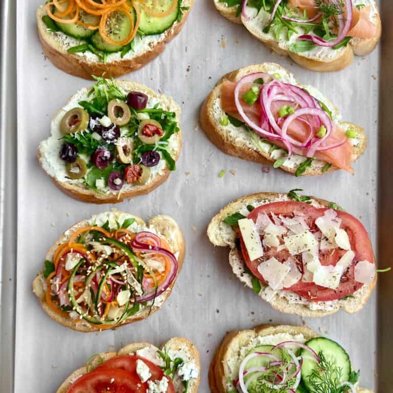 Vegetarian Bruschetta Toppings on baking sheet.