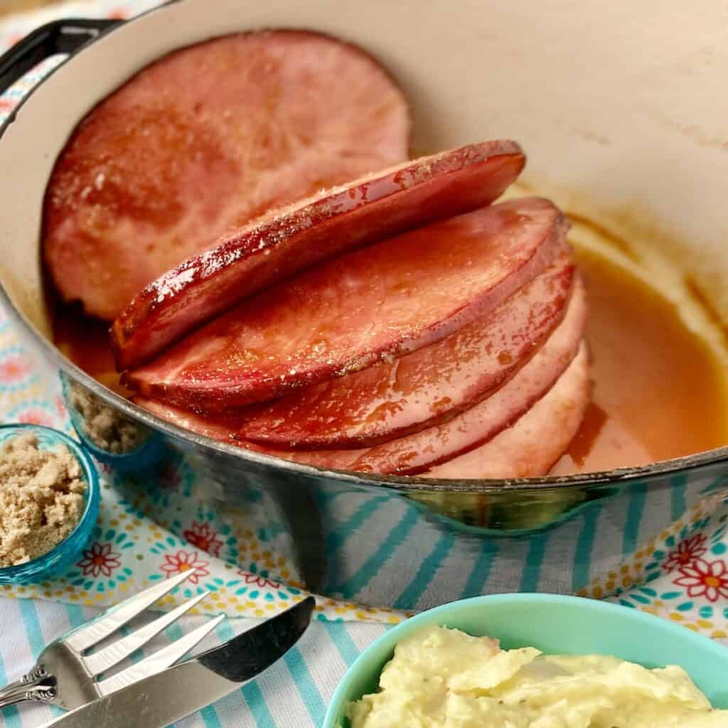 Glazed ham in Dutch oven.