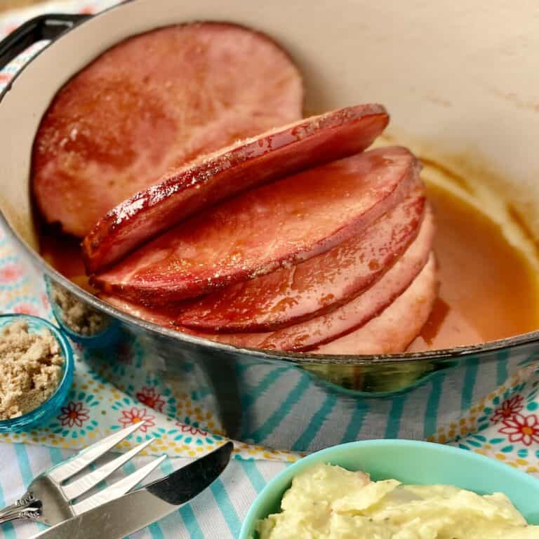 Glazed ham in Dutch oven.