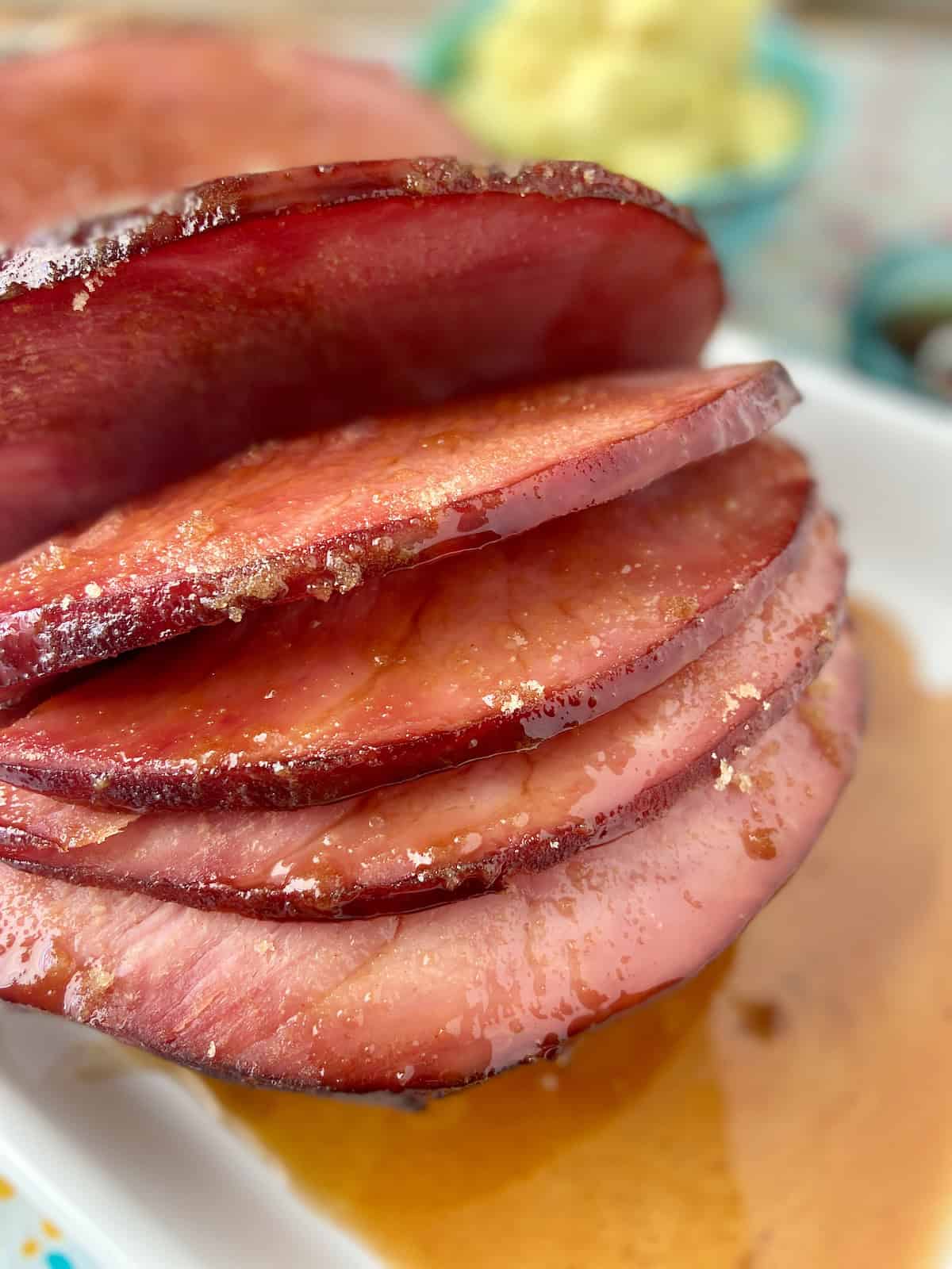 Sliced glazed ham.