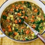 Lentil and potato stew in Dutch oven with serving spoon.