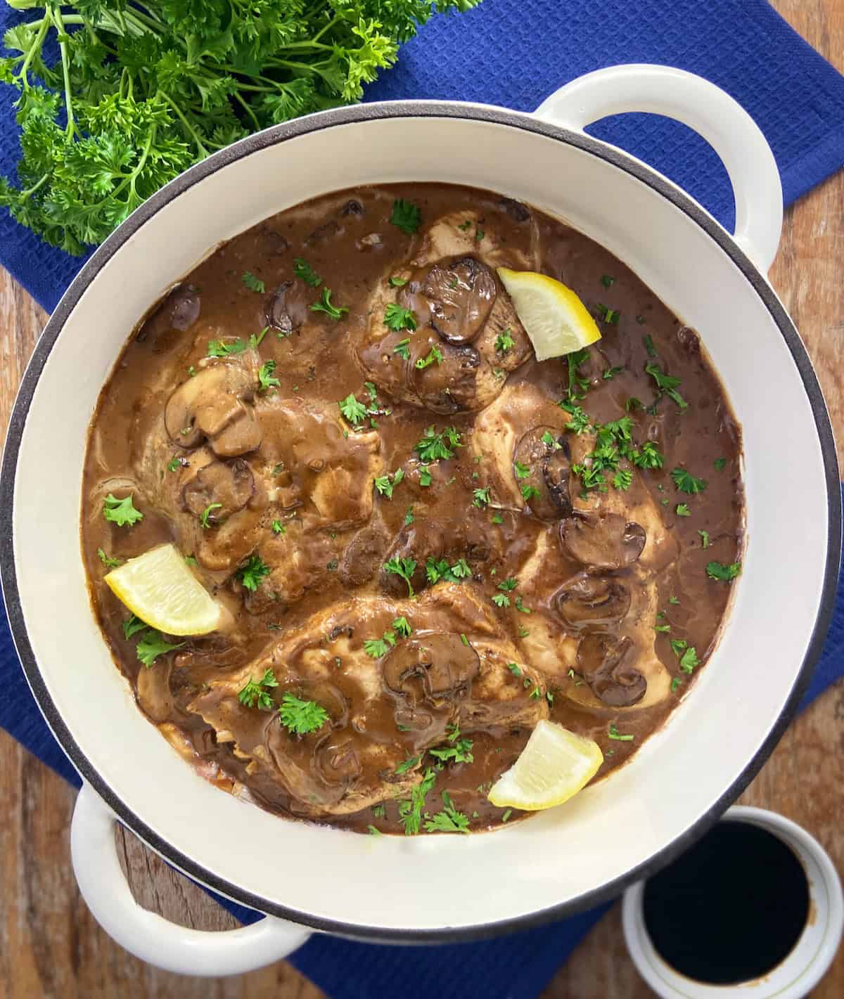 Balsamic chicken in pan.