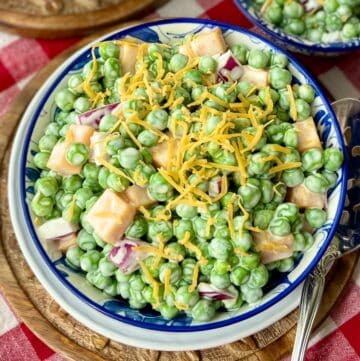 English Pea Salad in a decorative blue and white bowl.