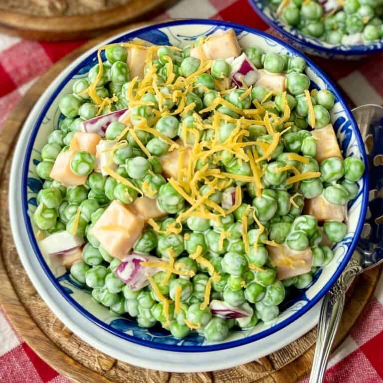English Pea Salad in a decorative blue and white bowl.