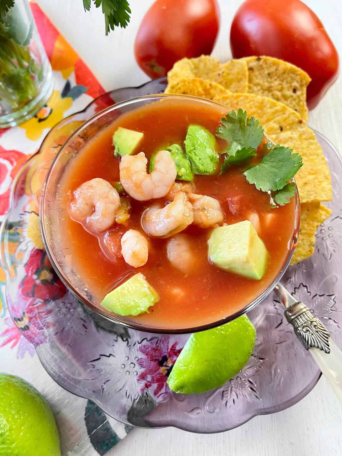 Mexican Shrimp Cocktail in glass bowl.