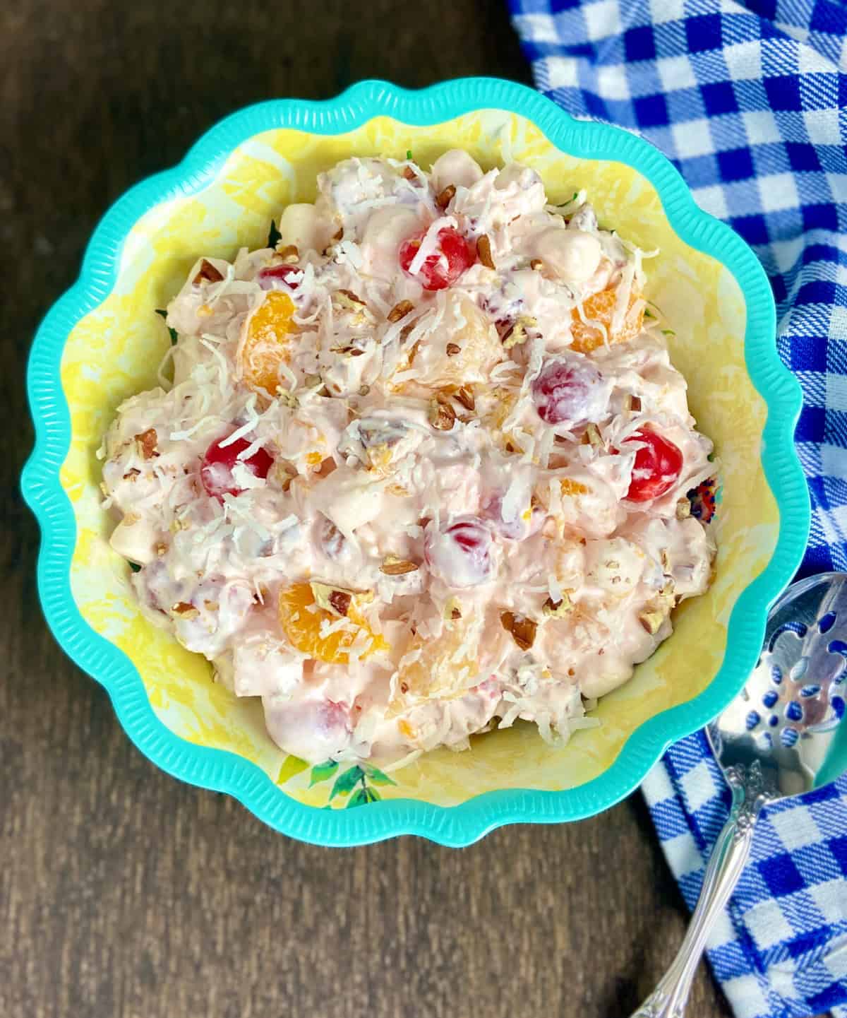 Ambrosia Fruit Salad in decorative serving bowl.