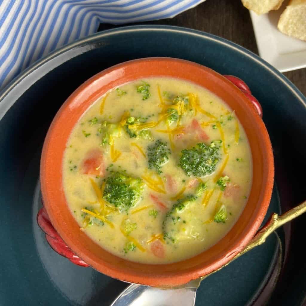 Broccoli Cheese soup in red bowl.