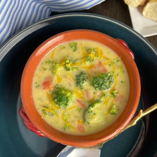 Broccoli Cheese soup in red bowl.