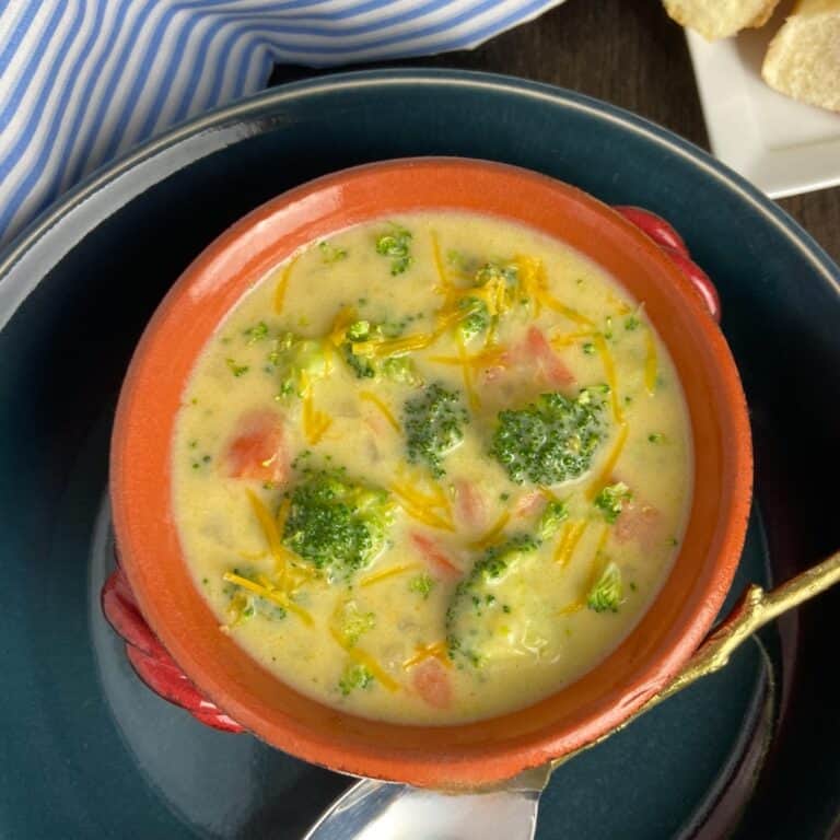Broccoli Cheese soup in red bowl.