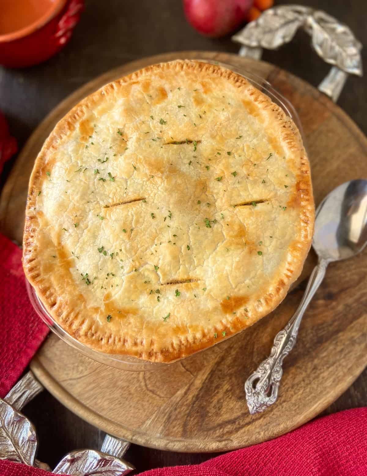Golden brown top crust of beef pot pie.