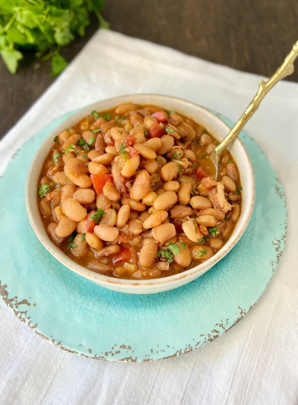 Charro beans or Cowboy beans in bowl with spoon.