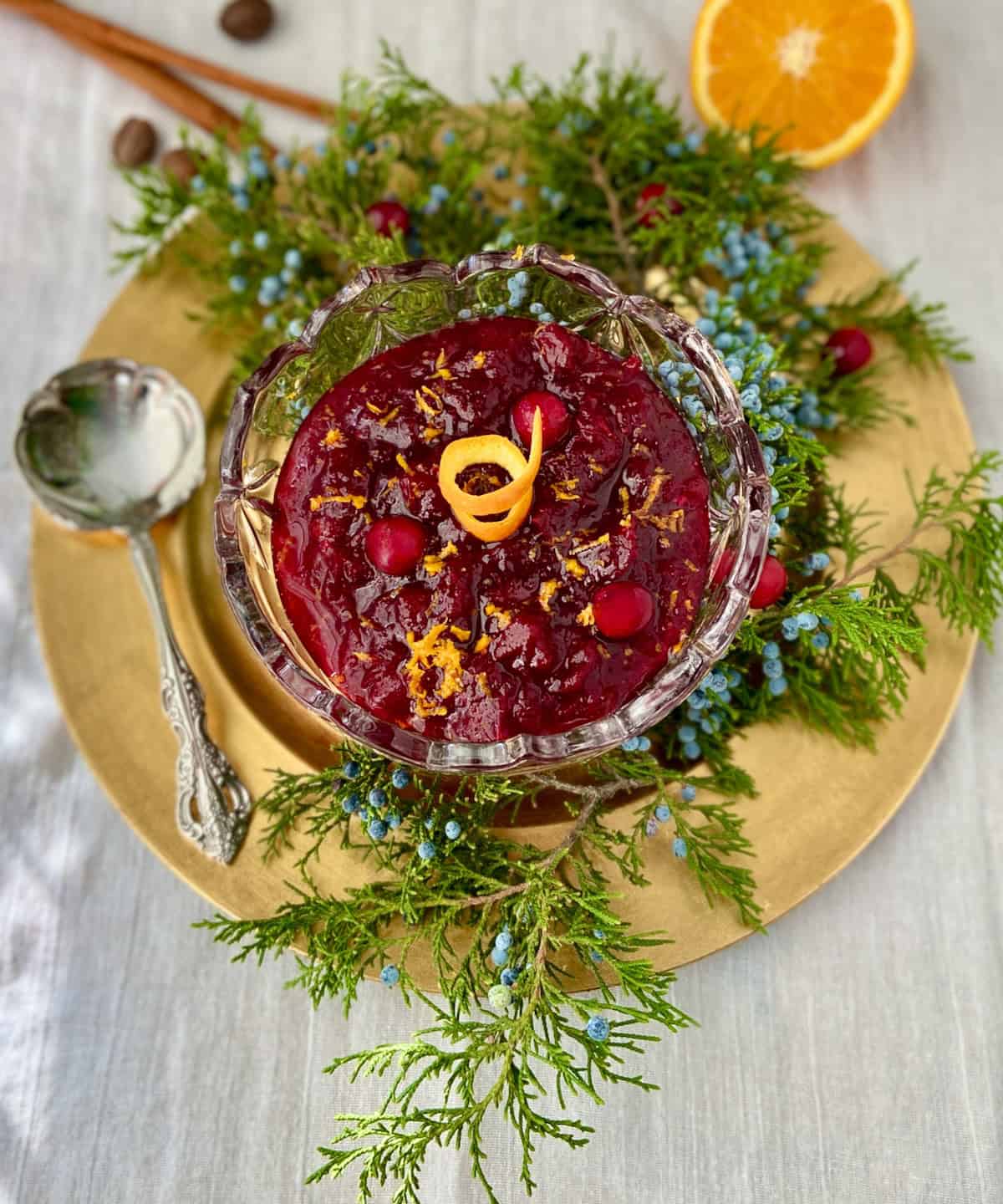 Cranberry sauce in crystal bowl garnished with orange.