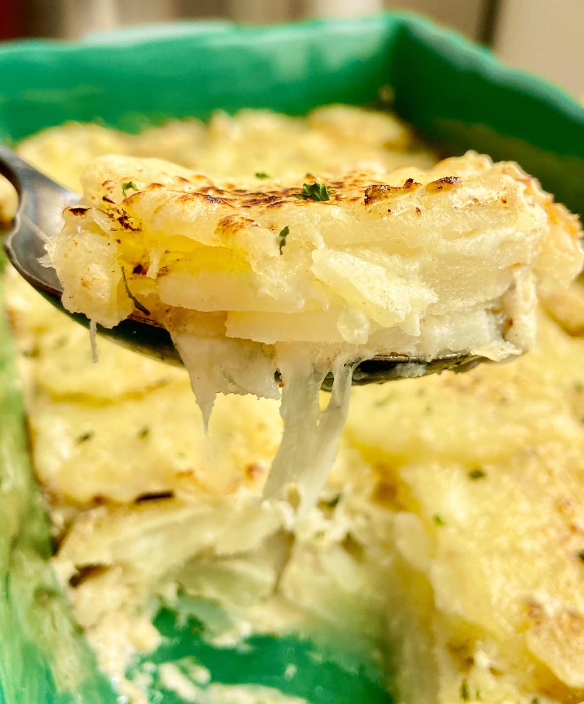 Scalloped potatoes on spoon.